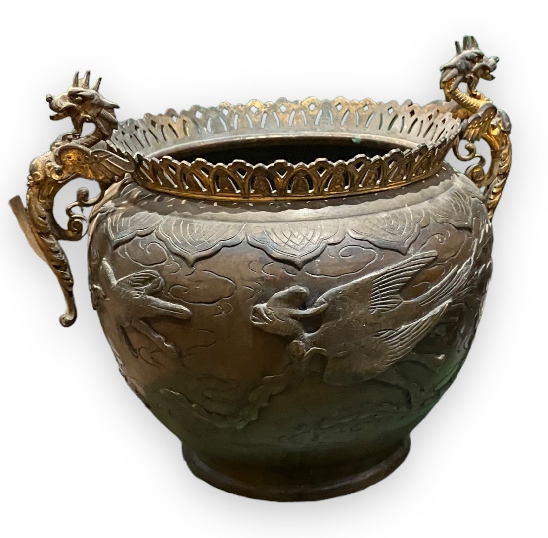 Asian Bronze Planter With Bird Decor