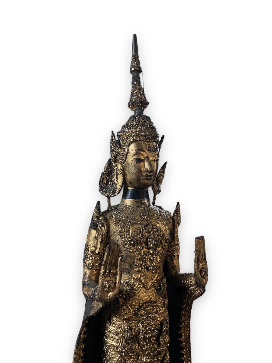 Large Standing Buddha In Bronze Kingdom Of Siam Rattanakos Period-photo-6