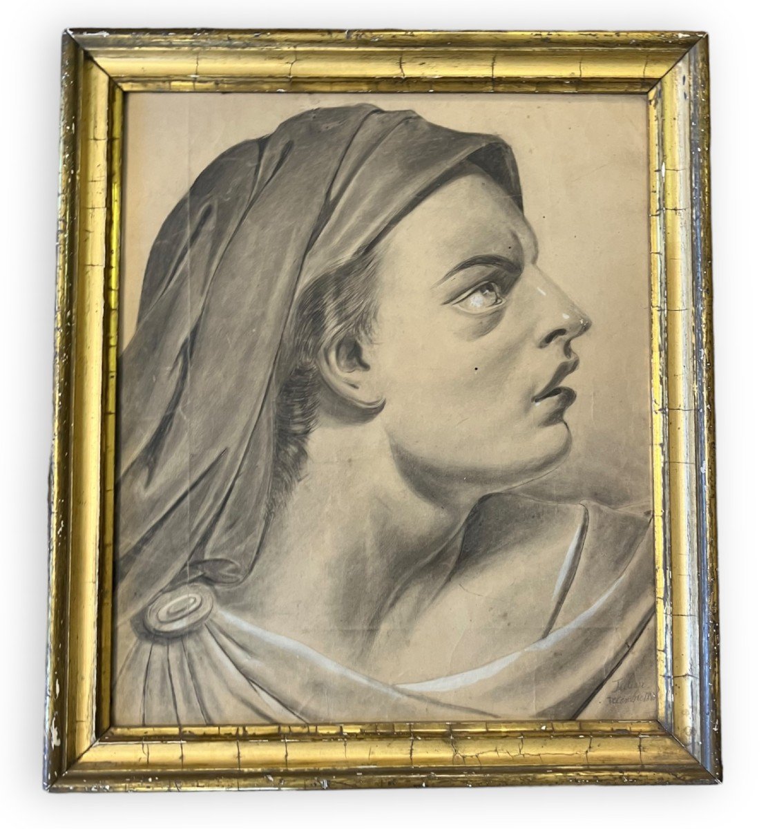 Profile Of Woman With Drape XIXth Drawing Signed Julien