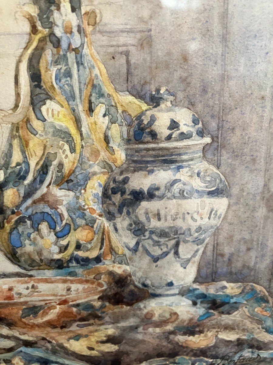 Still Life With Pot In Delft Watercolor XIXth Signed E. Bertaud-photo-8