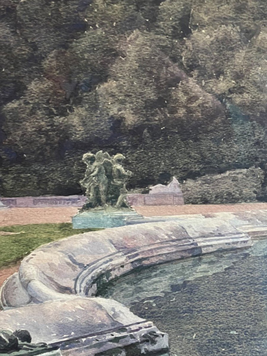 Emmanuel Ariès View Of Garden And Fountain Watercolor Signed-photo-4