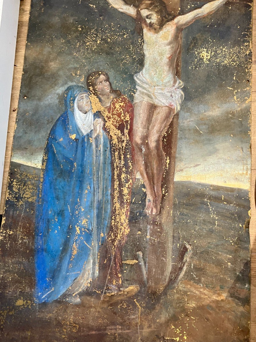 Crucifixion Grande Huile Sur Tôle De Laiton époque XIXeme-photo-1