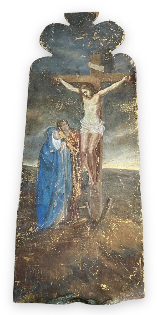 Crucifixion Grande Huile Sur Tôle De Laiton époque XIXeme