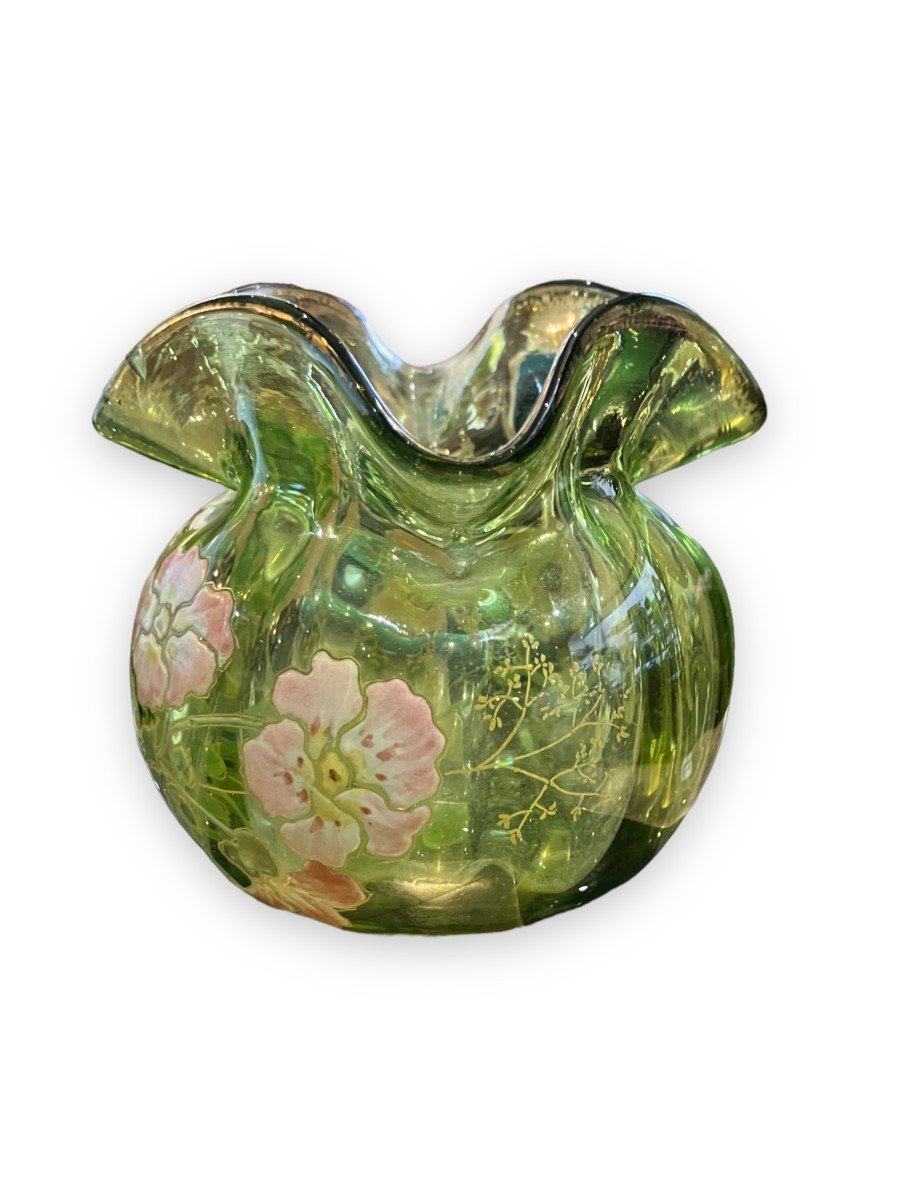 Small Enameled Glass Vase Decorated With Flowers-photo-2