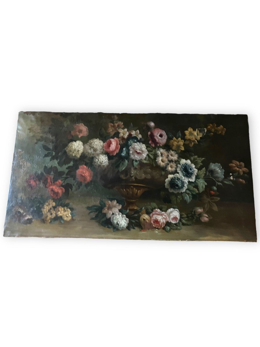 French School XIXth Vase And Bouquet Of Flowers Large Oil On Canvas-photo-2