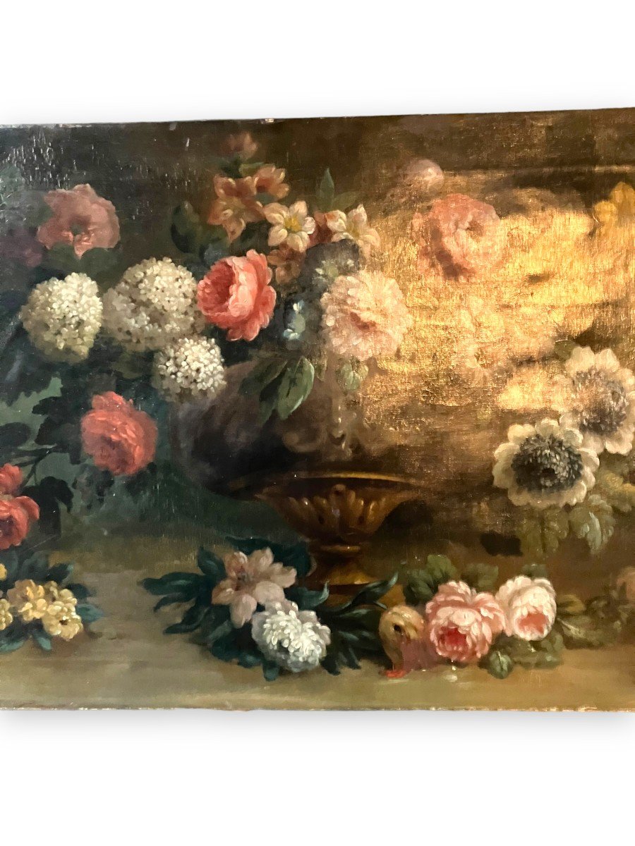 French School XIXth Vase And Bouquet Of Flowers Large Oil On Canvas-photo-4