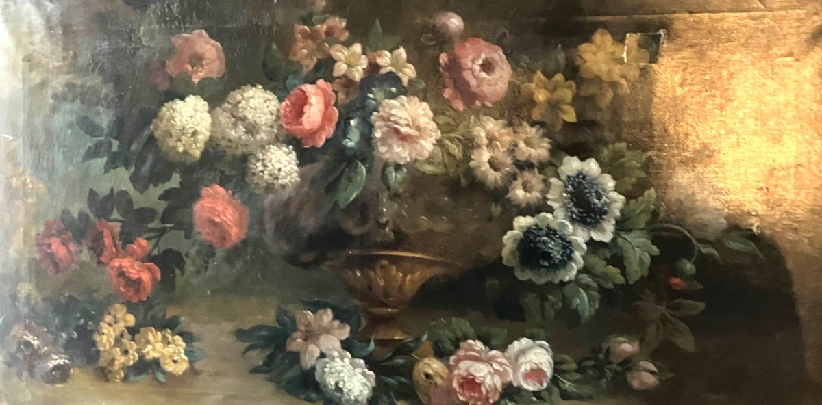 French School XIXth Vase And Bouquet Of Flowers Large Oil On Canvas