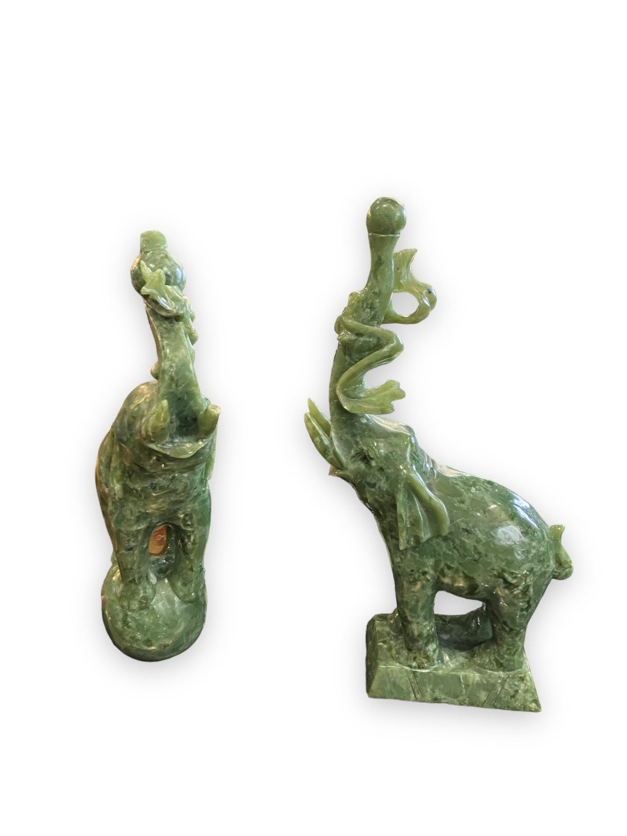 Pair Of Chinese Carved Jade Elephants Spinach Green Color-photo-2