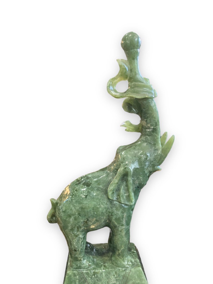 Pair Of Chinese Carved Jade Elephants Spinach Green Color-photo-4