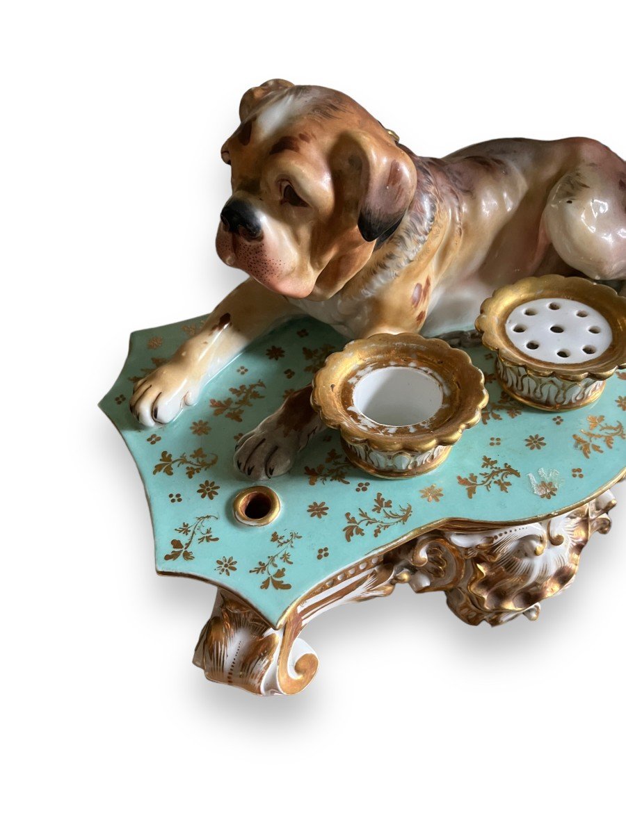 Jacob Petit  Painted And Gilded Porcelain Inkwell Dog Decor-photo-3