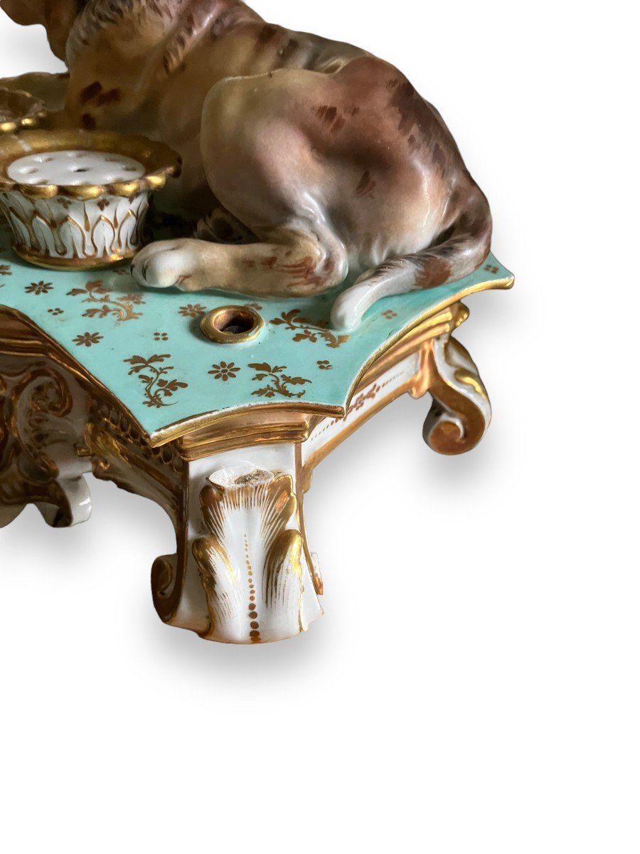 Jacob Petit  Painted And Gilded Porcelain Inkwell Dog Decor-photo-1