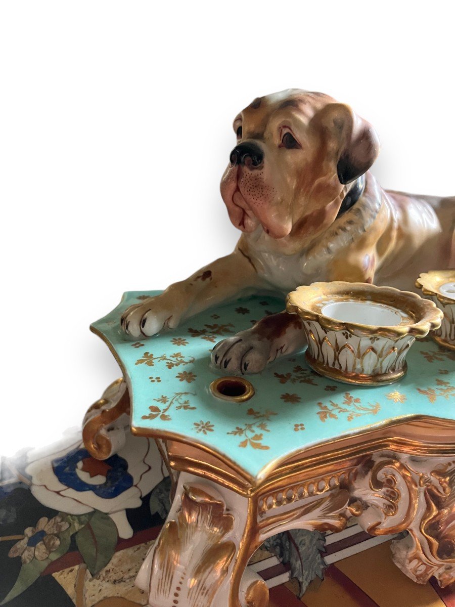 Jacob Petit  Painted And Gilded Porcelain Inkwell Dog Decor-photo-5