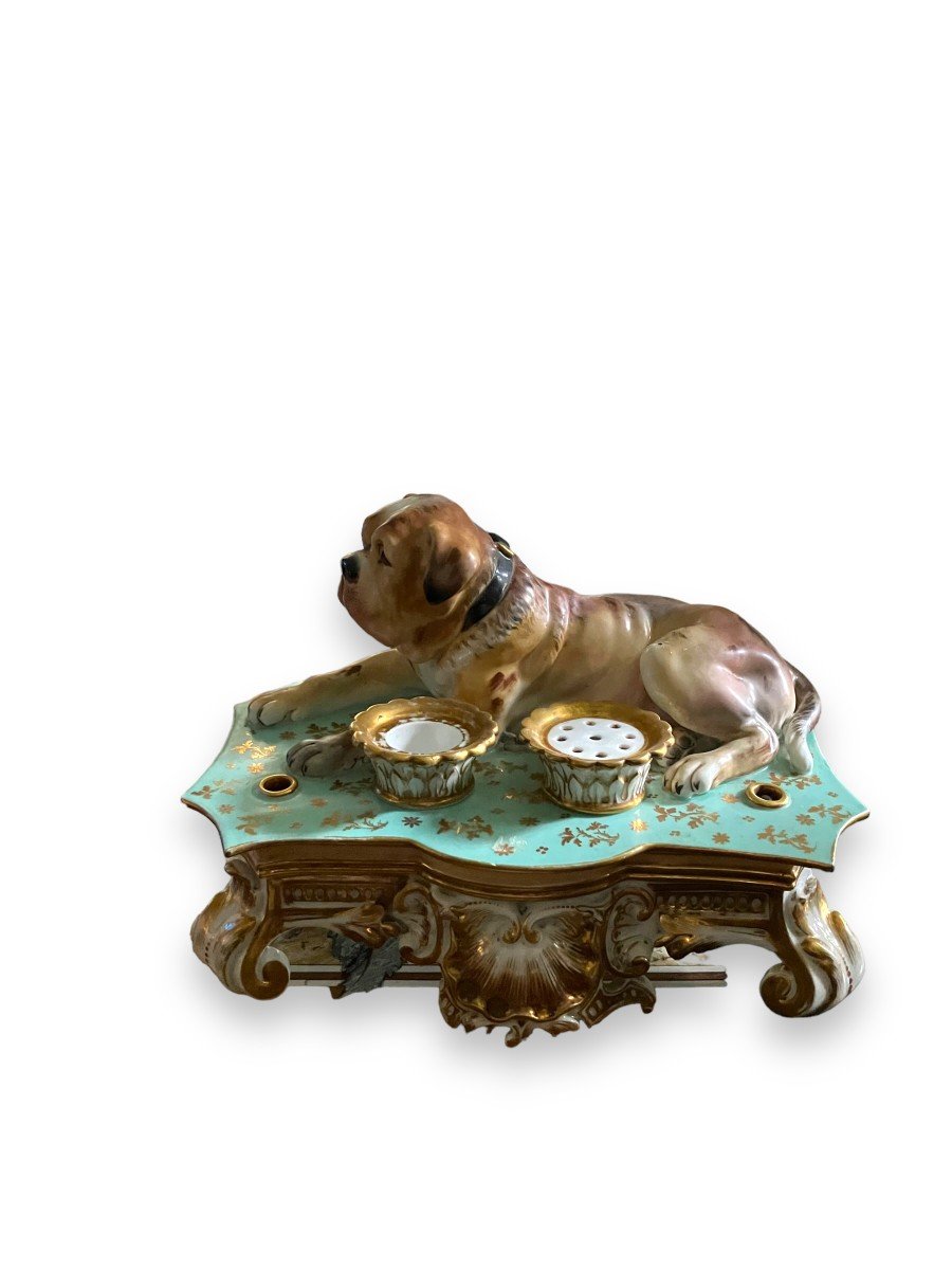 Jacob Petit  Painted And Gilded Porcelain Inkwell Dog Decor-photo-8