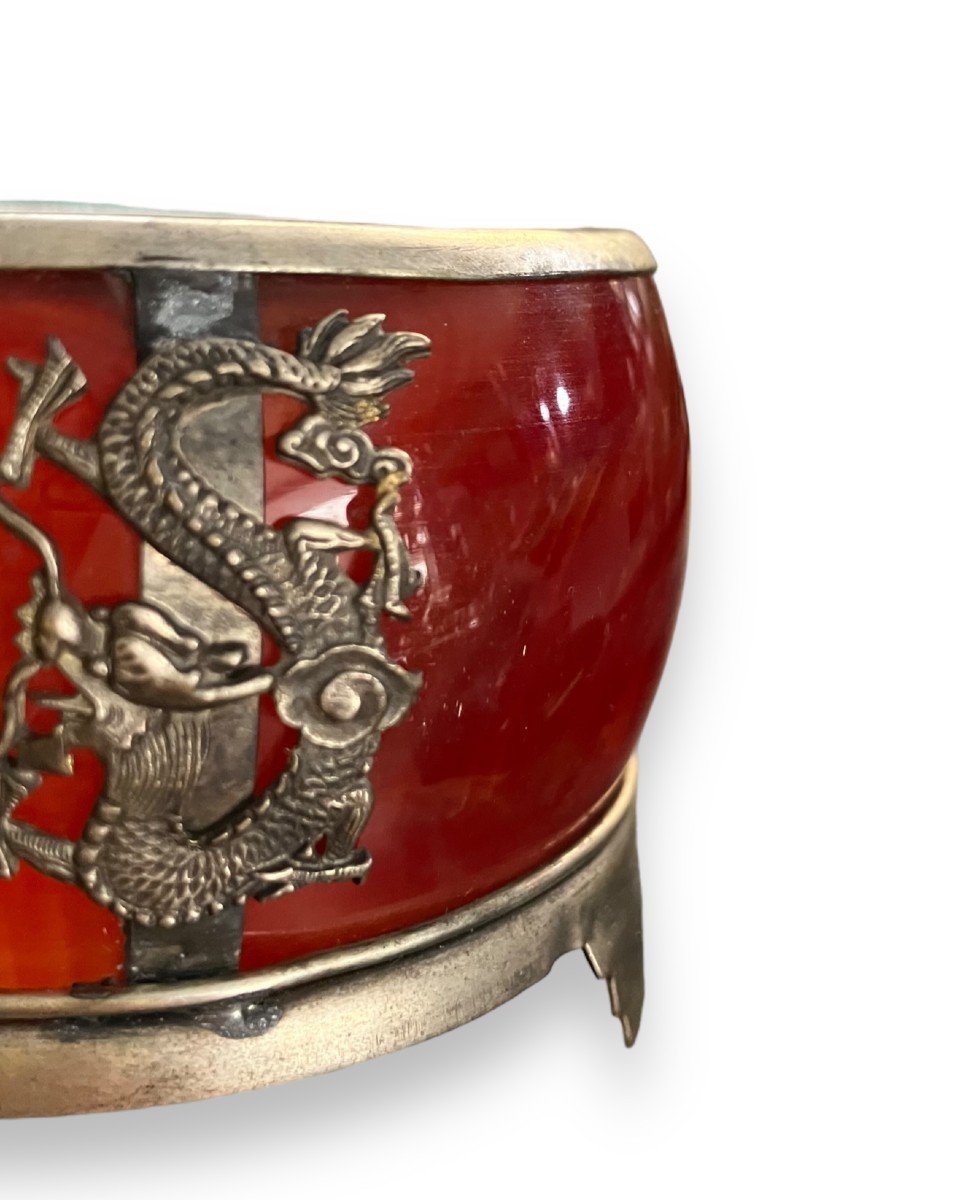 Old Chinese Receptacle Goblet In Carnelian And Silver Metal Decor Of Dragons-photo-1