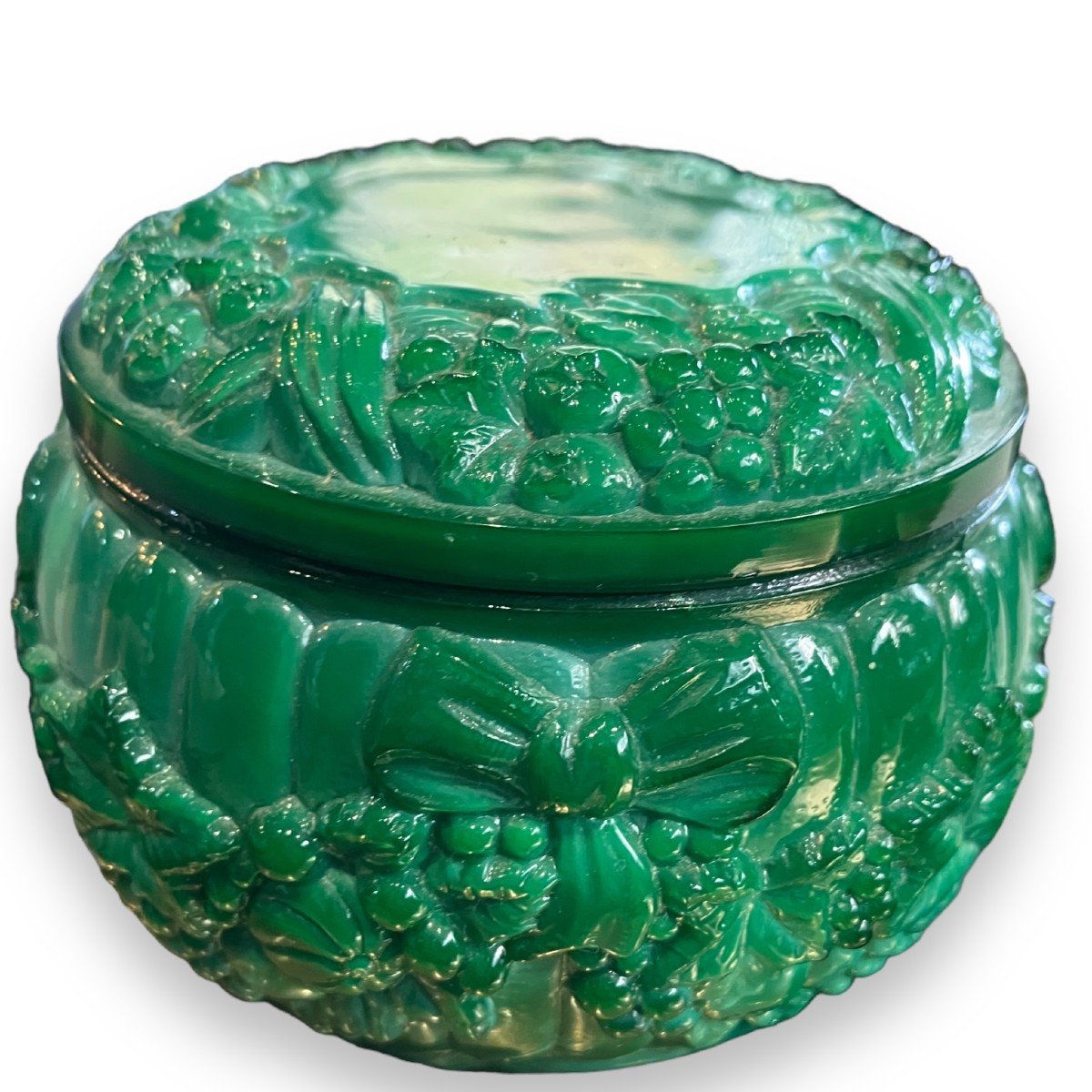 Heinrich Hoffman - Molded Glass Jewelery Box Malachite Colored Glass