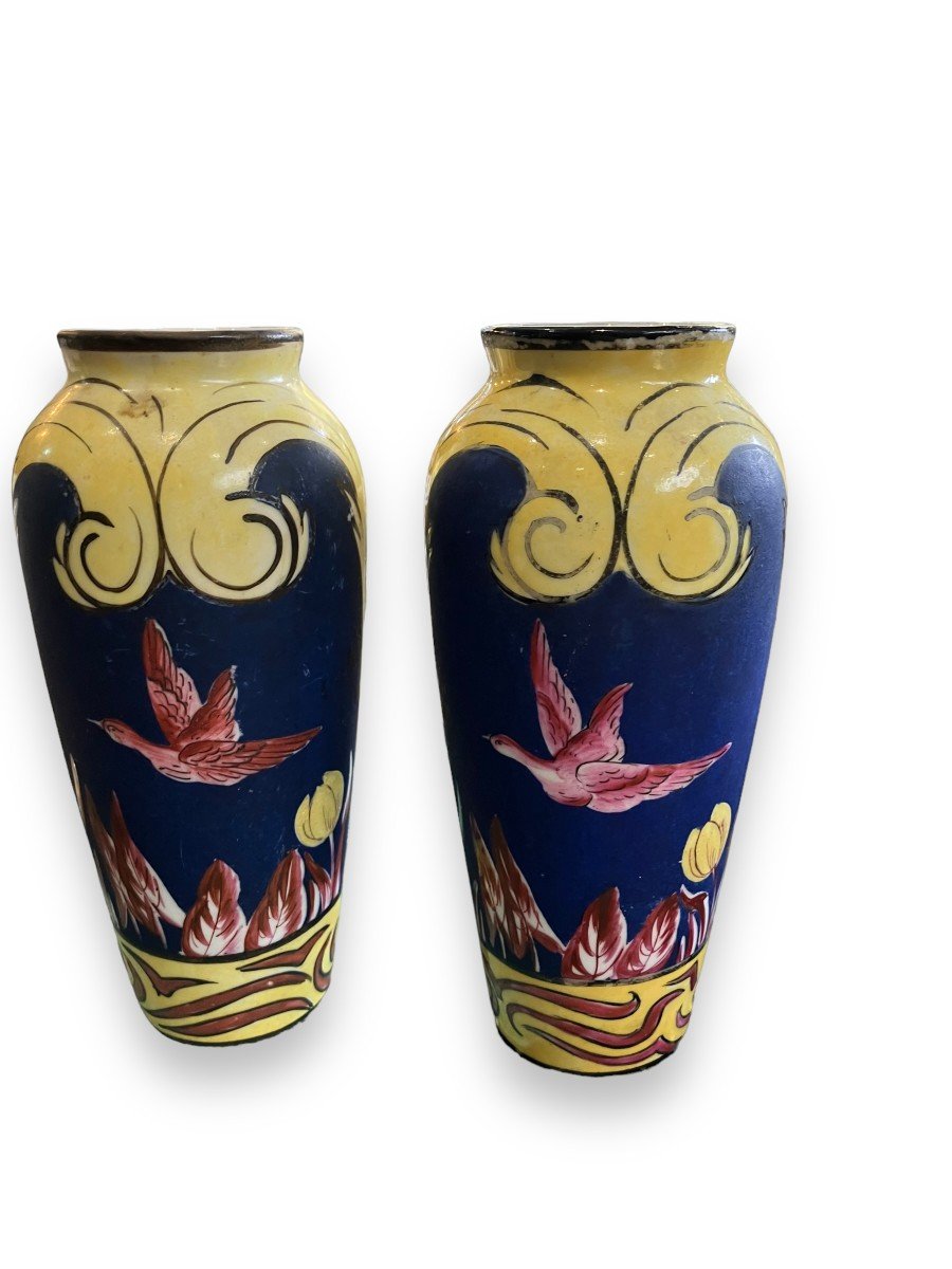 Paire De Vases En Porcelaine à Décor d'Oiseaux Signés Chandy-photo-2