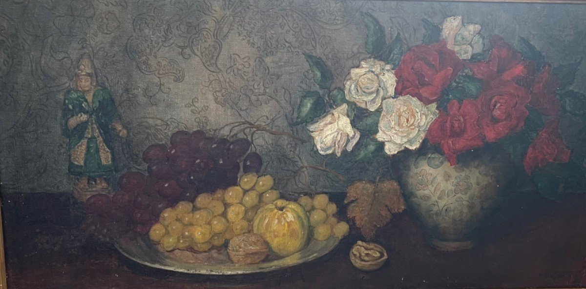 Still Life With Fruit And Chinese Subject By Louis Rodolphe Defontaine Défontaine