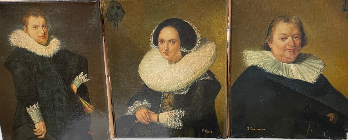 Triptych Of Oils On Canvas Dutch School Portraits In The Style Of The 18th Century-photo-6