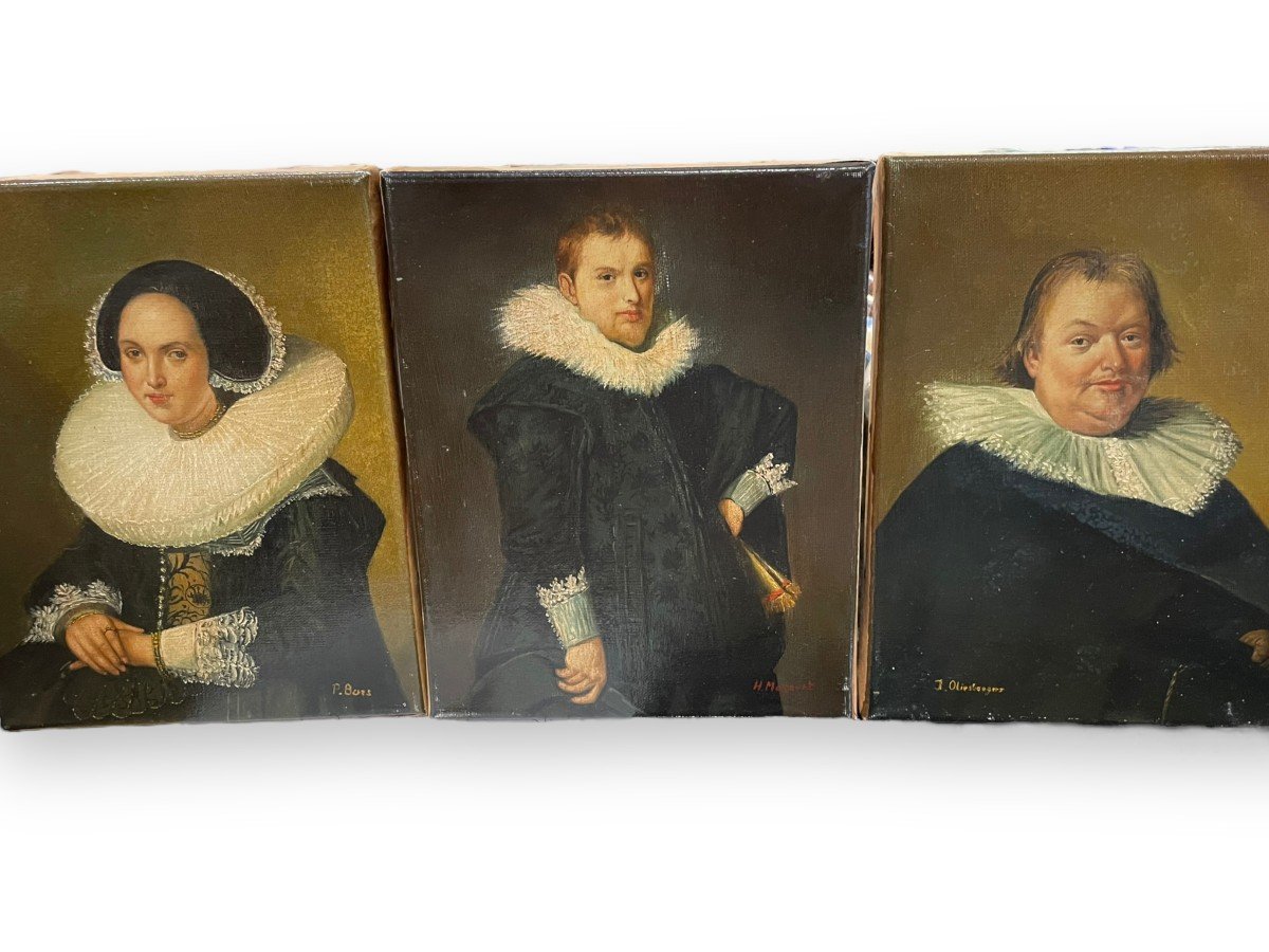 Triptych Of Oils On Canvas Dutch School Portraits In The Style Of The 18th Century-photo-7