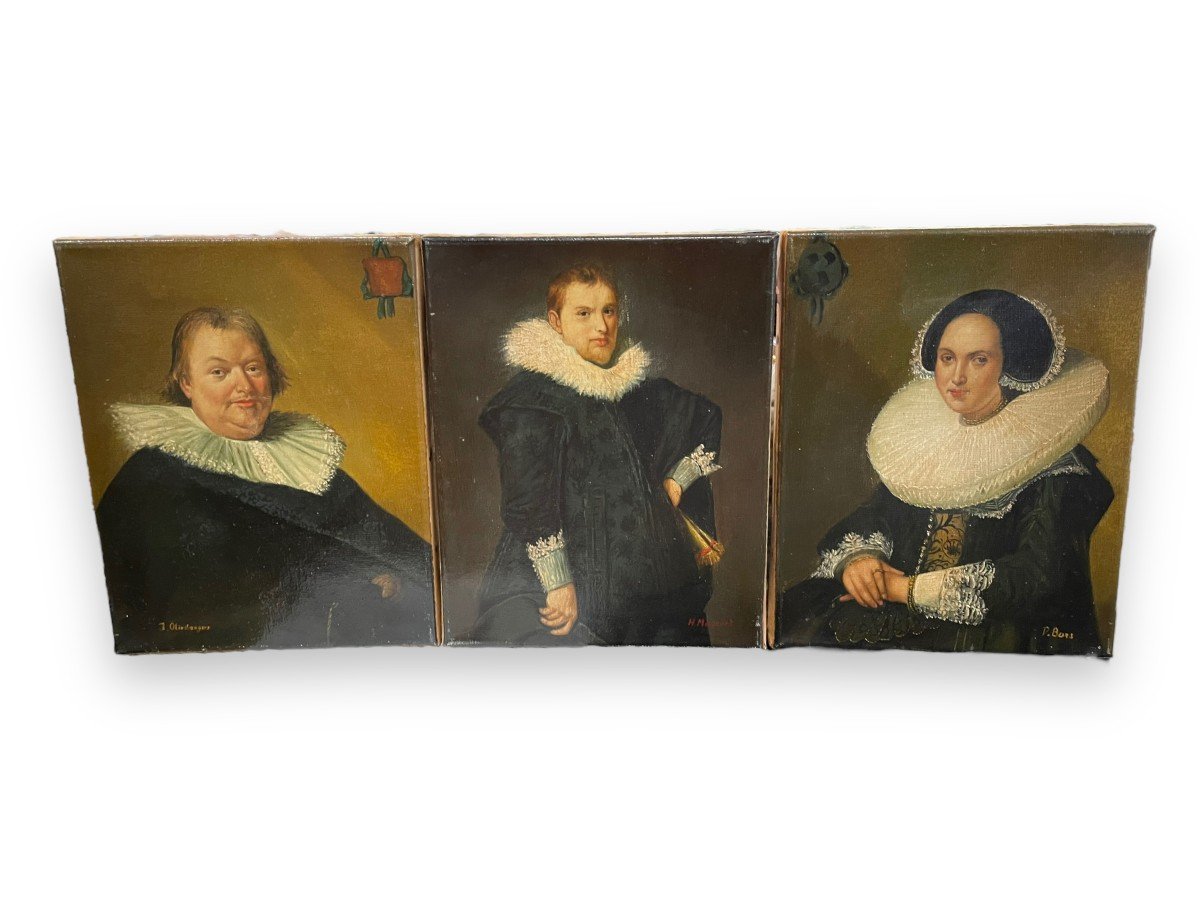 Triptych Of Oils On Canvas Dutch School Portraits In The Style Of The 18th Century-photo-8