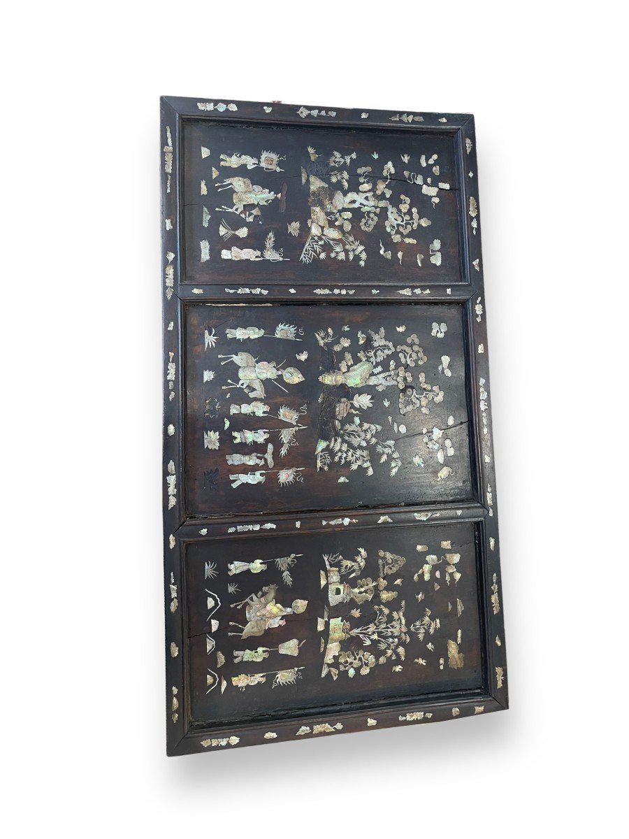 Important 19th Century Indochinese Triptych Panel In Wood And Mother-of-pearl-photo-3