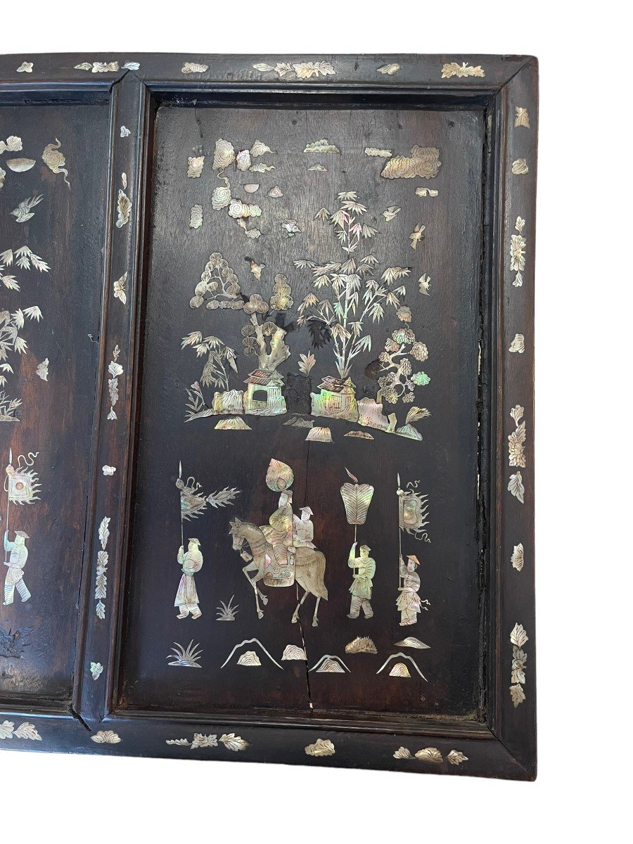 Important 19th Century Indochinese Triptych Panel In Wood And Mother-of-pearl-photo-3