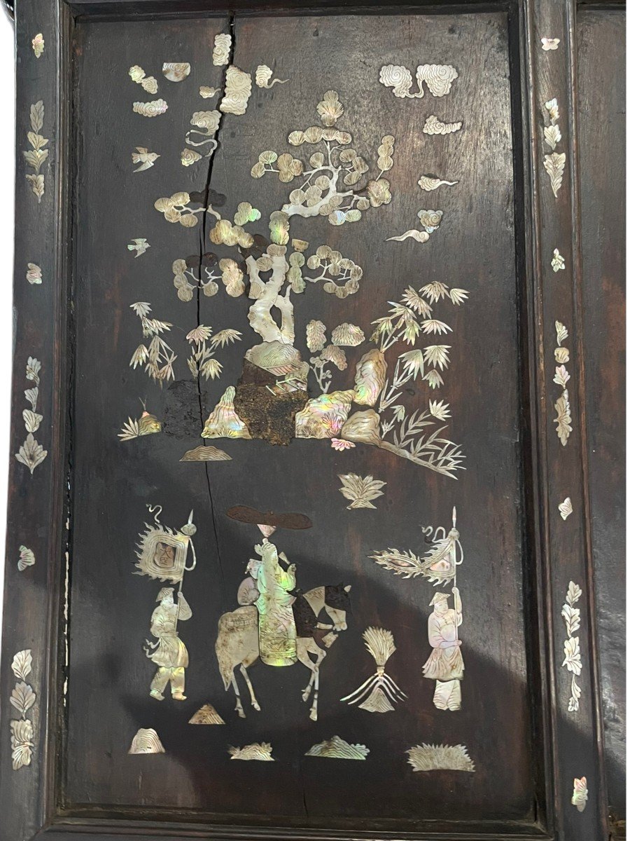 Important 19th Century Indochinese Triptych Panel In Wood And Mother-of-pearl-photo-7