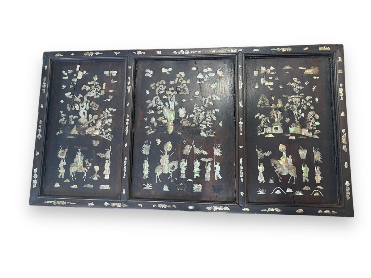 Important 19th Century Indochinese Triptych Panel In Wood And Mother-of-pearl-photo-8