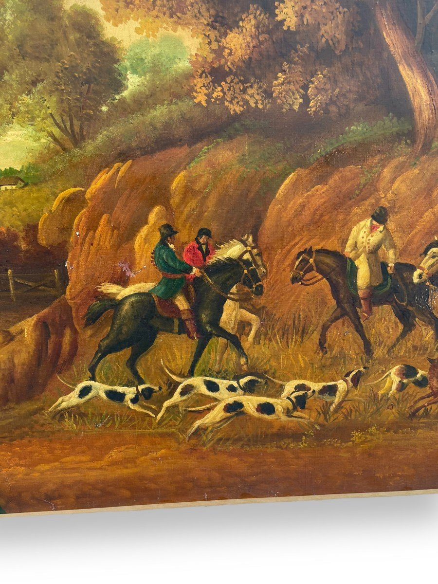 Important Tableau Scène De  Vénerie Chasse à Cour Huile Sur Toile-photo-3