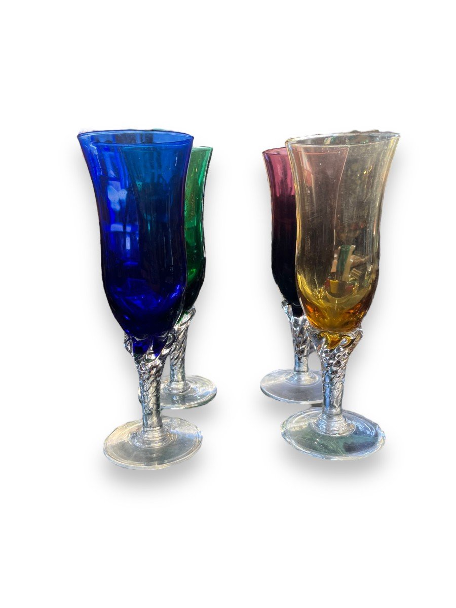 Series Of 4 Champagne Flutes In Blown And Colored Glass-photo-2