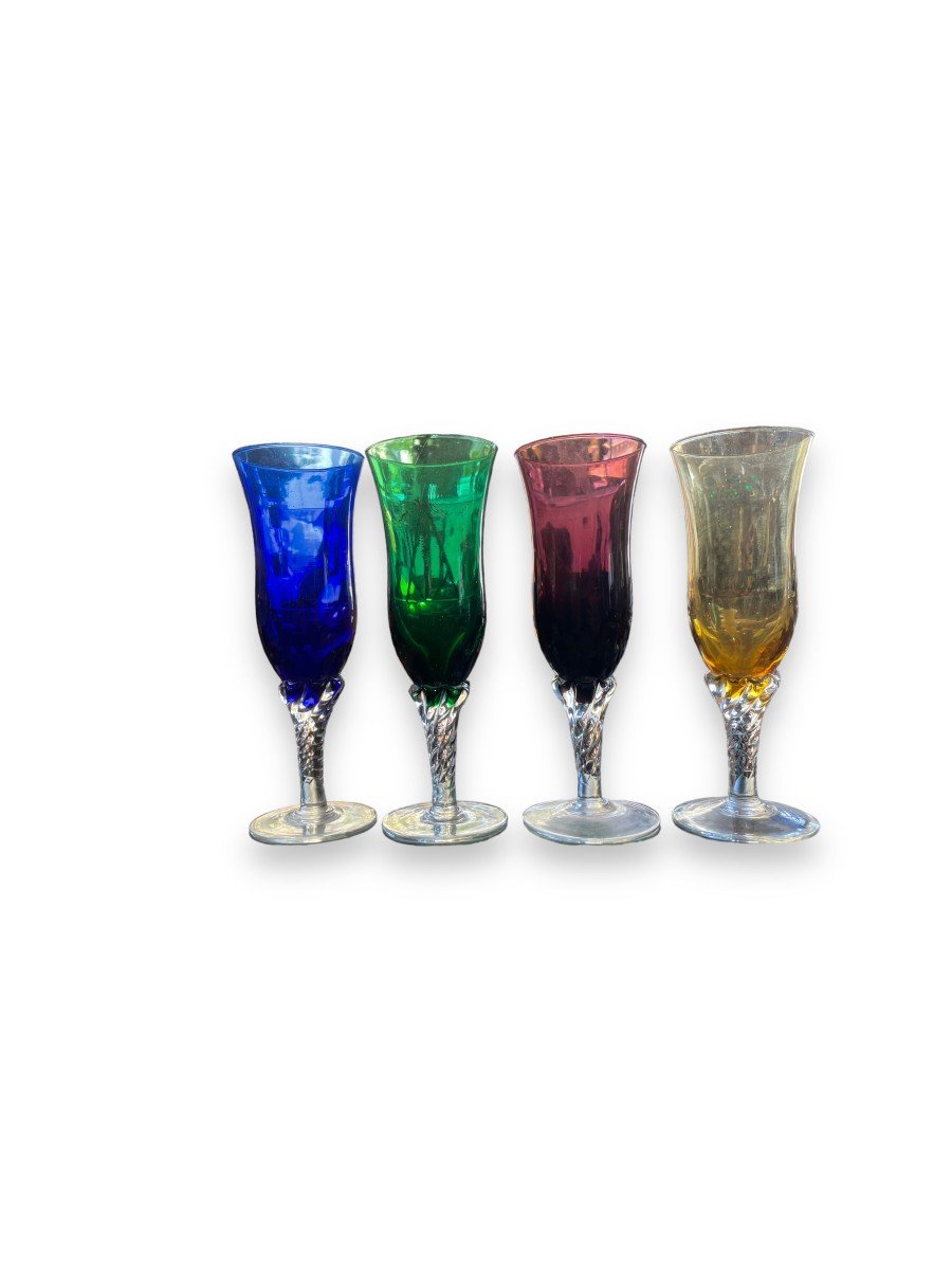 Series Of 4 Champagne Flutes In Blown And Colored Glass-photo-5