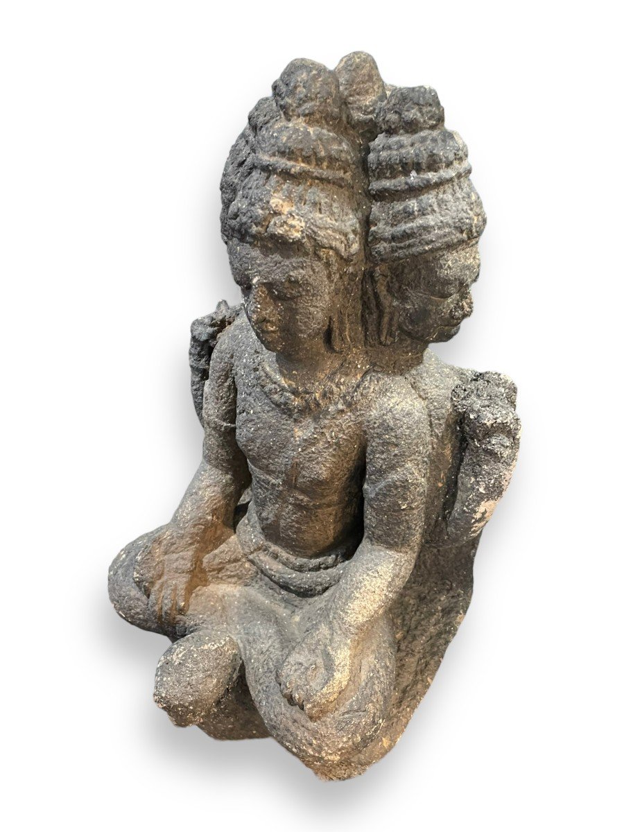 Hindu Buddhist Statue In Dark Stone Brahma 19th Century-photo-2