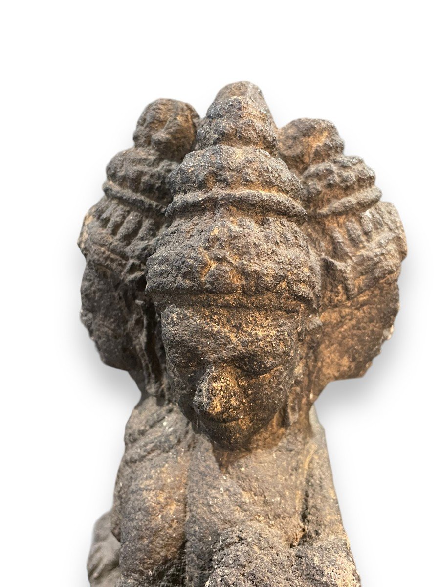 Hindu Buddhist Statue In Dark Stone Brahma 19th Century-photo-3