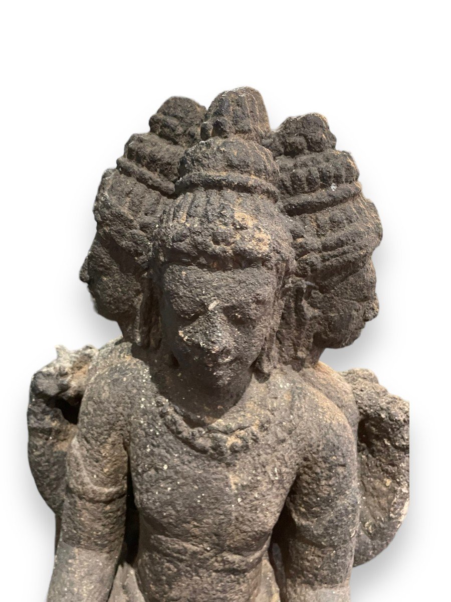 Hindu Buddhist Statue In Dark Stone Brahma 19th Century-photo-4