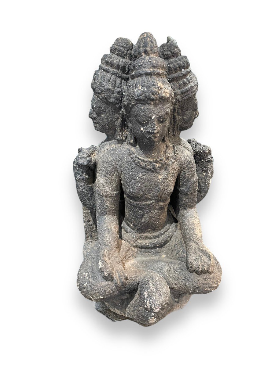 Hindu Buddhist Statue In Dark Stone Brahma 19th Century-photo-5