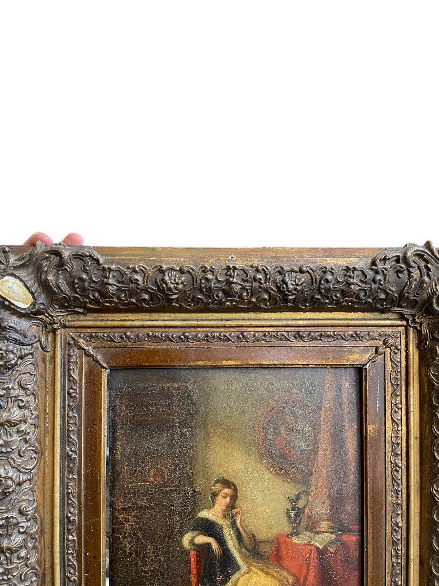 Huile Sur Panneau XIXeme Scène d'Intérieur Femme Et Petit Chien-photo-4