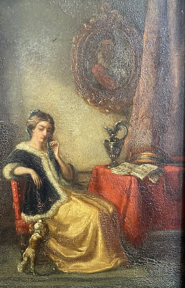 Huile Sur Panneau XIXeme Scène d'Intérieur Femme Et Petit Chien-photo-7