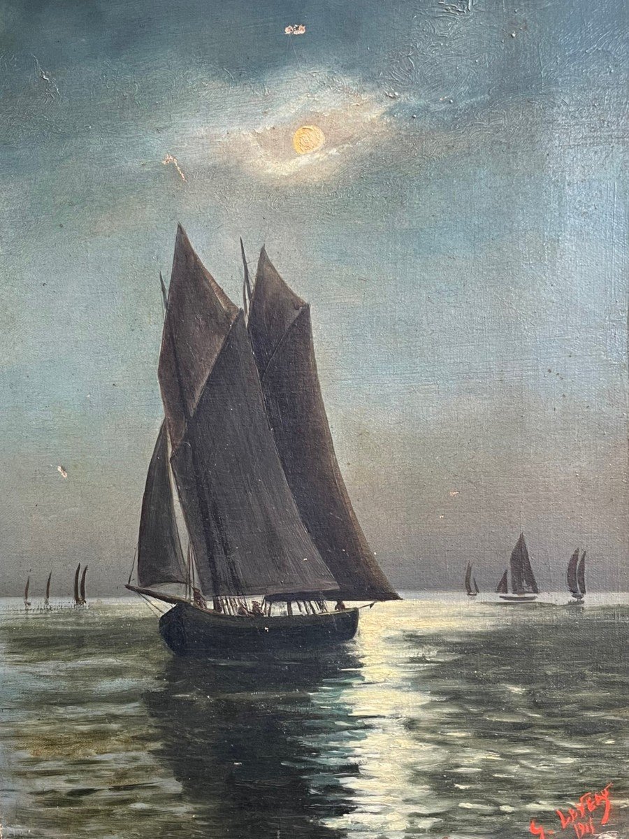 Marine In Moonlight Oil On Canvas By G. Leveau 1915