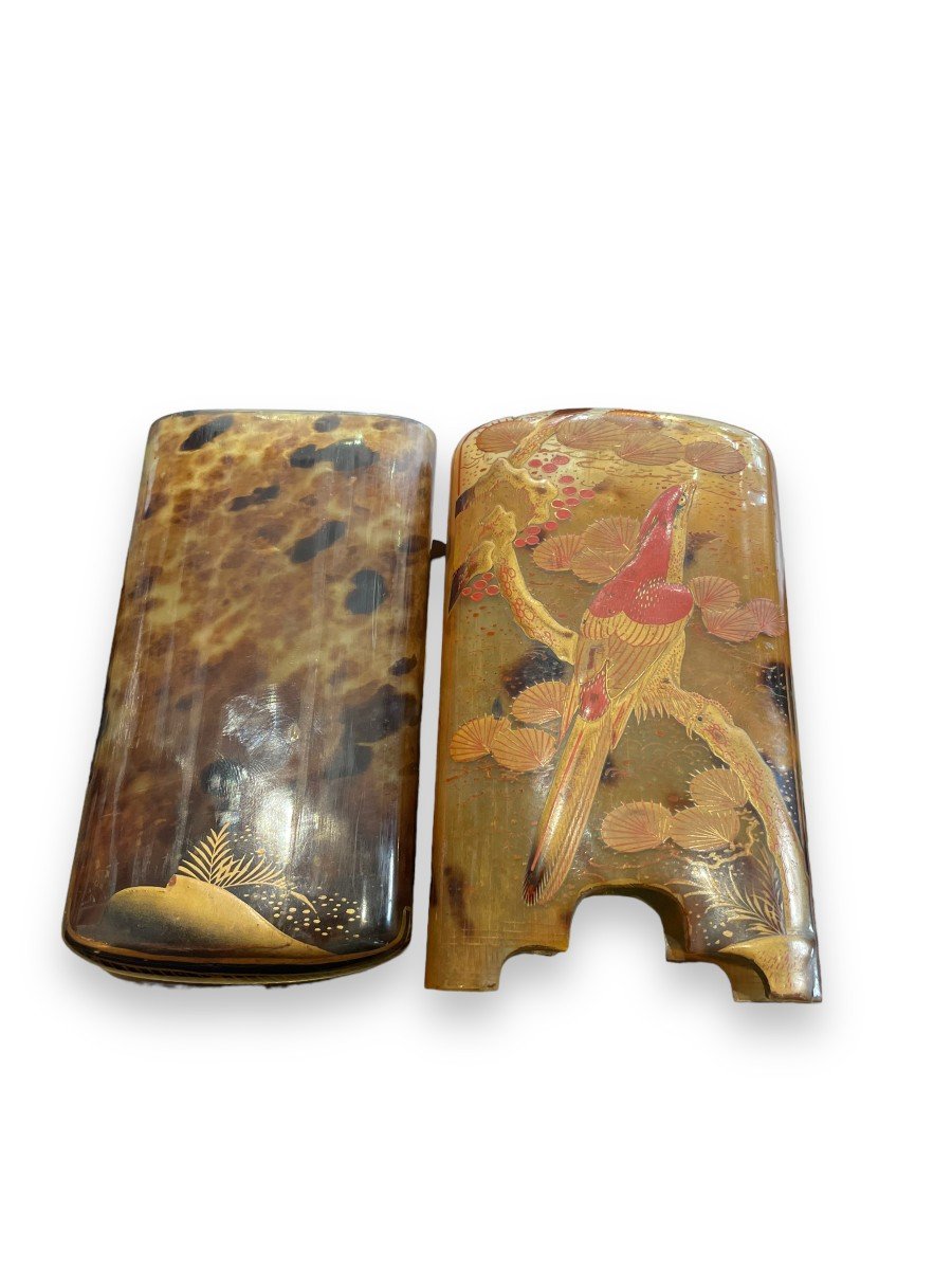 Japan Meiji Period Tortoiseshell Snuff Case With Bird Decor In Takamaki Lacquer-photo-4