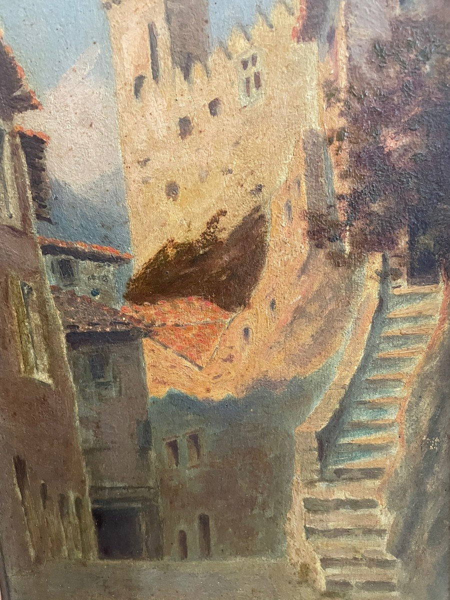 Castle And Alley In The South Of France Oil On Panel-photo-2