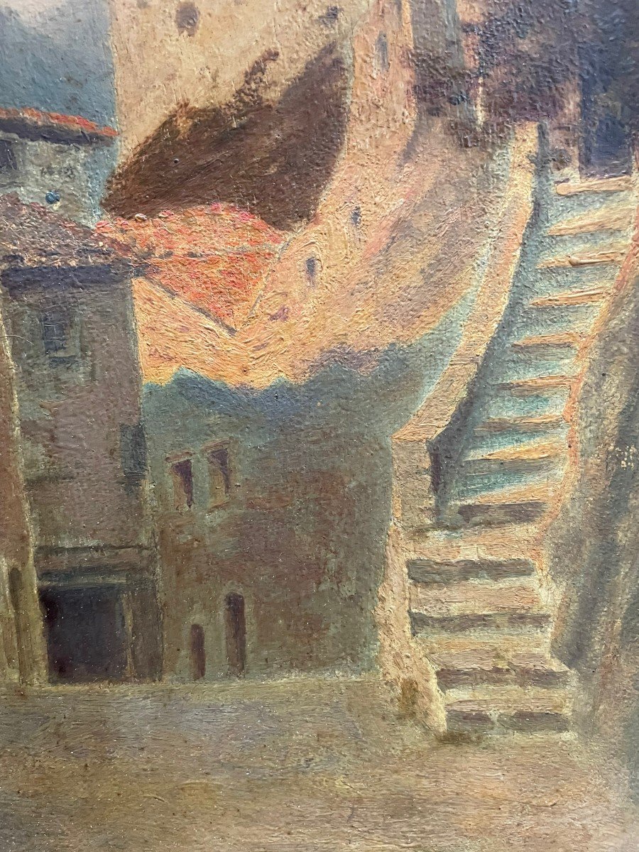 Castle And Alley In The South Of France Oil On Panel-photo-4