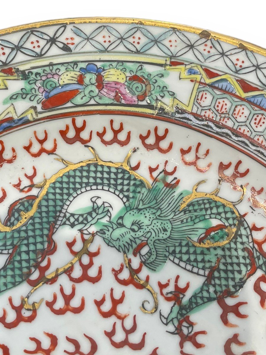 China Polychrome Porcelain Plate Famille Rose Decoration With Dragons-photo-4