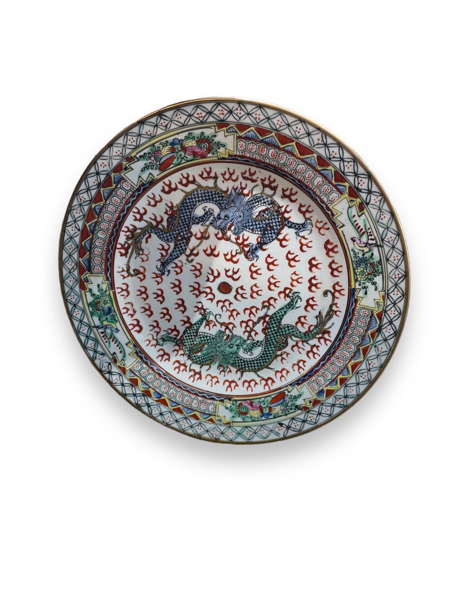 China Polychrome Porcelain Plate Famille Rose Decoration With Dragons-photo-2