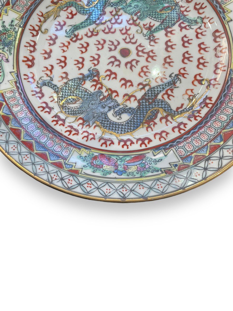 China Polychrome Porcelain Plate Famille Rose Decoration With Dragons-photo-3