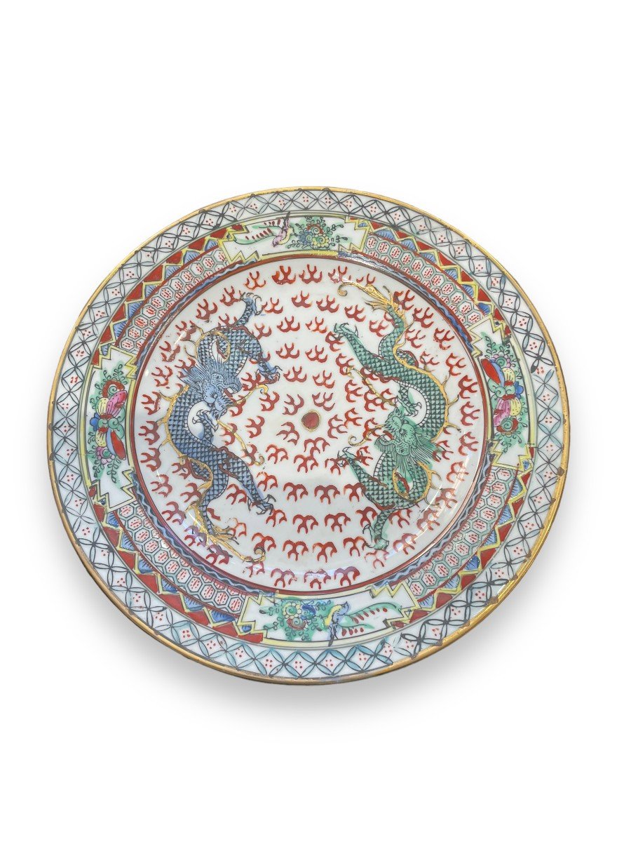 China Polychrome Porcelain Plate Famille Rose Decoration With Dragons-photo-6