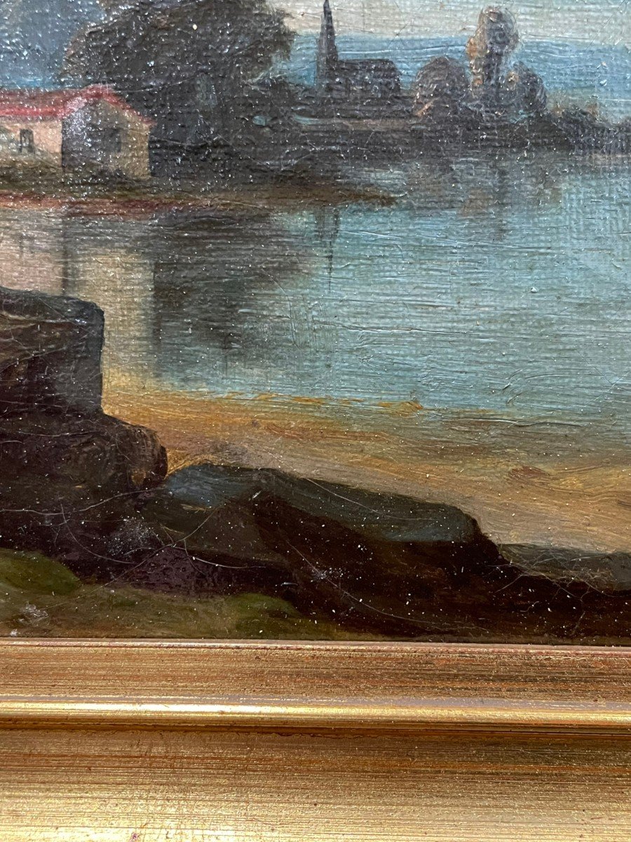 Oil On Canvas 19th Century Lake Landscape-photo-5