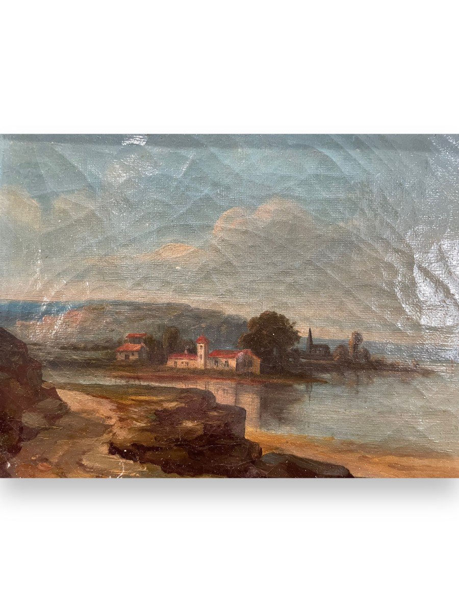 Oil On Canvas 19th Century Lake Landscape-photo-8