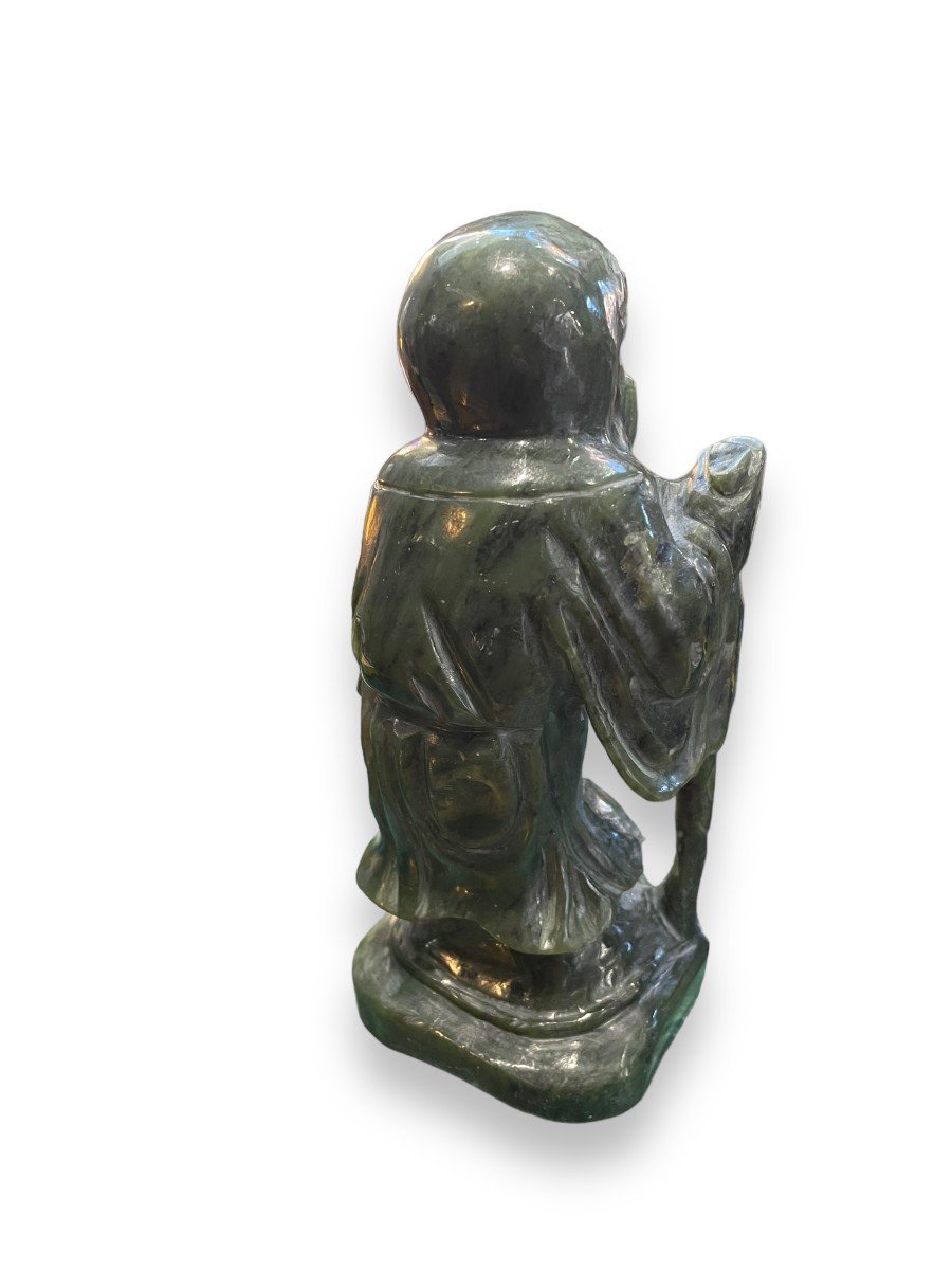 Chinese Subject In Green Nephrite Jade Scholar Carrying A Staff Of Wisdom-photo-2