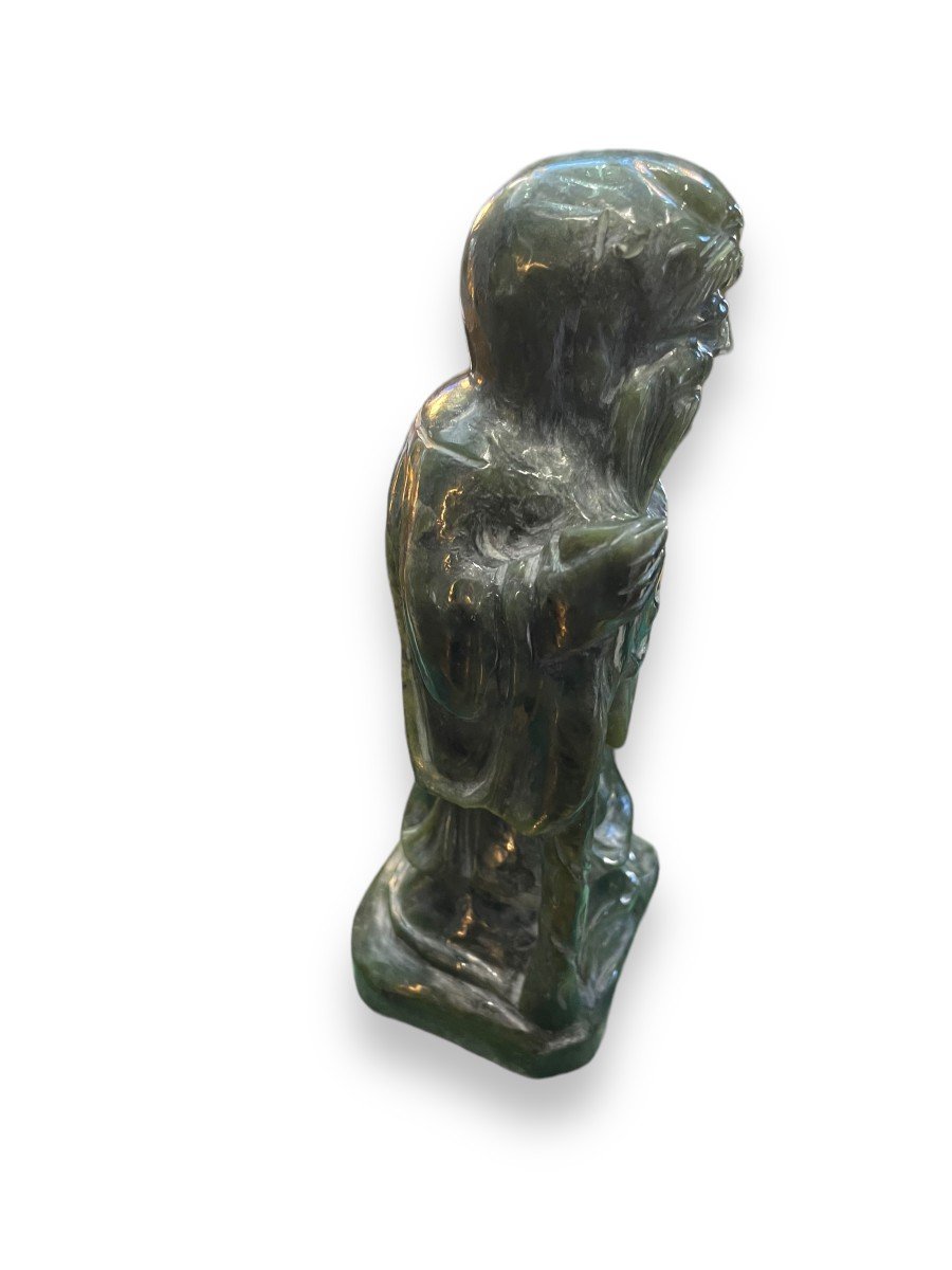 Chinese Subject In Green Nephrite Jade Scholar Carrying A Staff Of Wisdom-photo-3