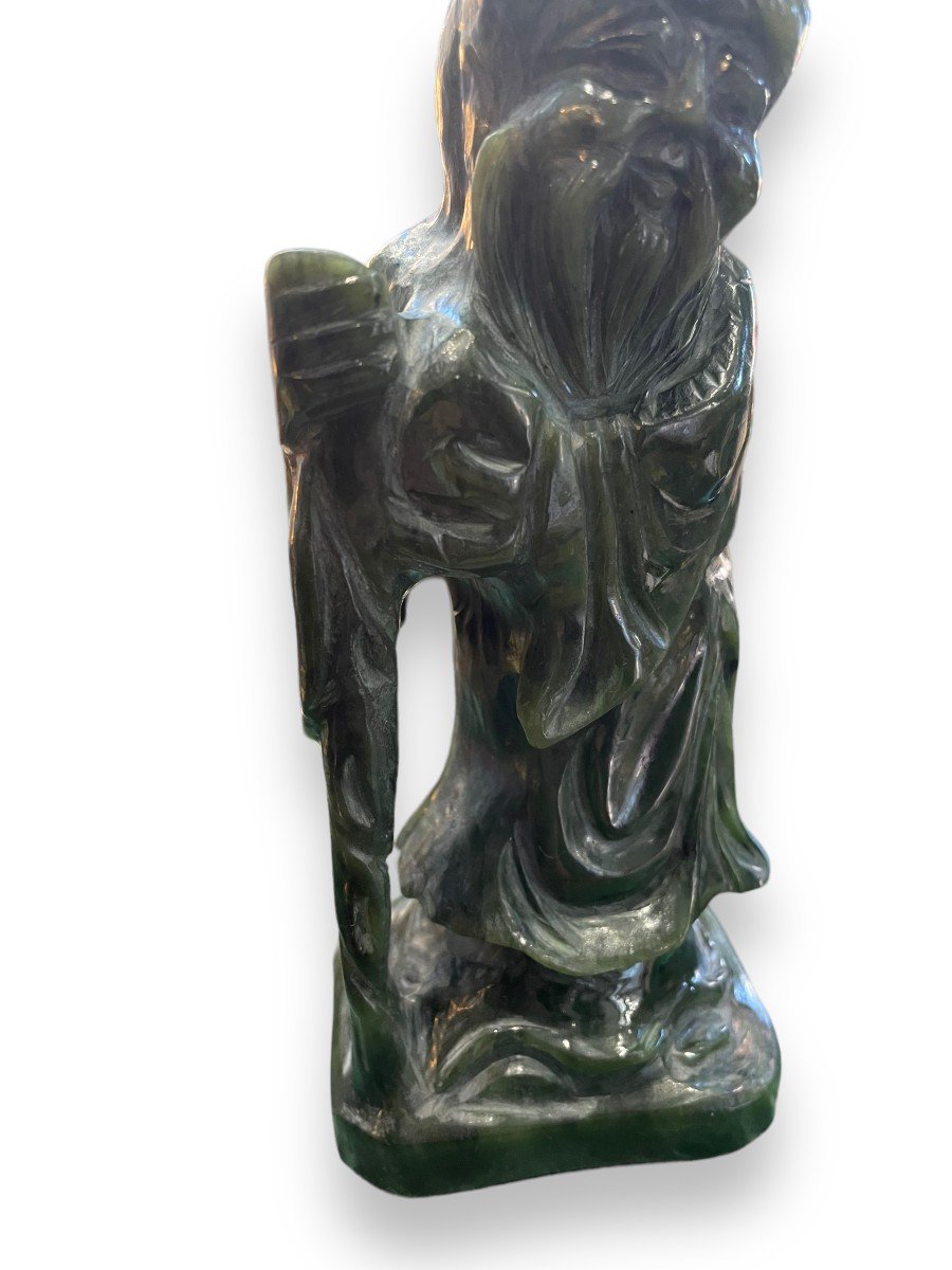 Chinese Subject In Green Nephrite Jade Scholar Carrying A Staff Of Wisdom-photo-4